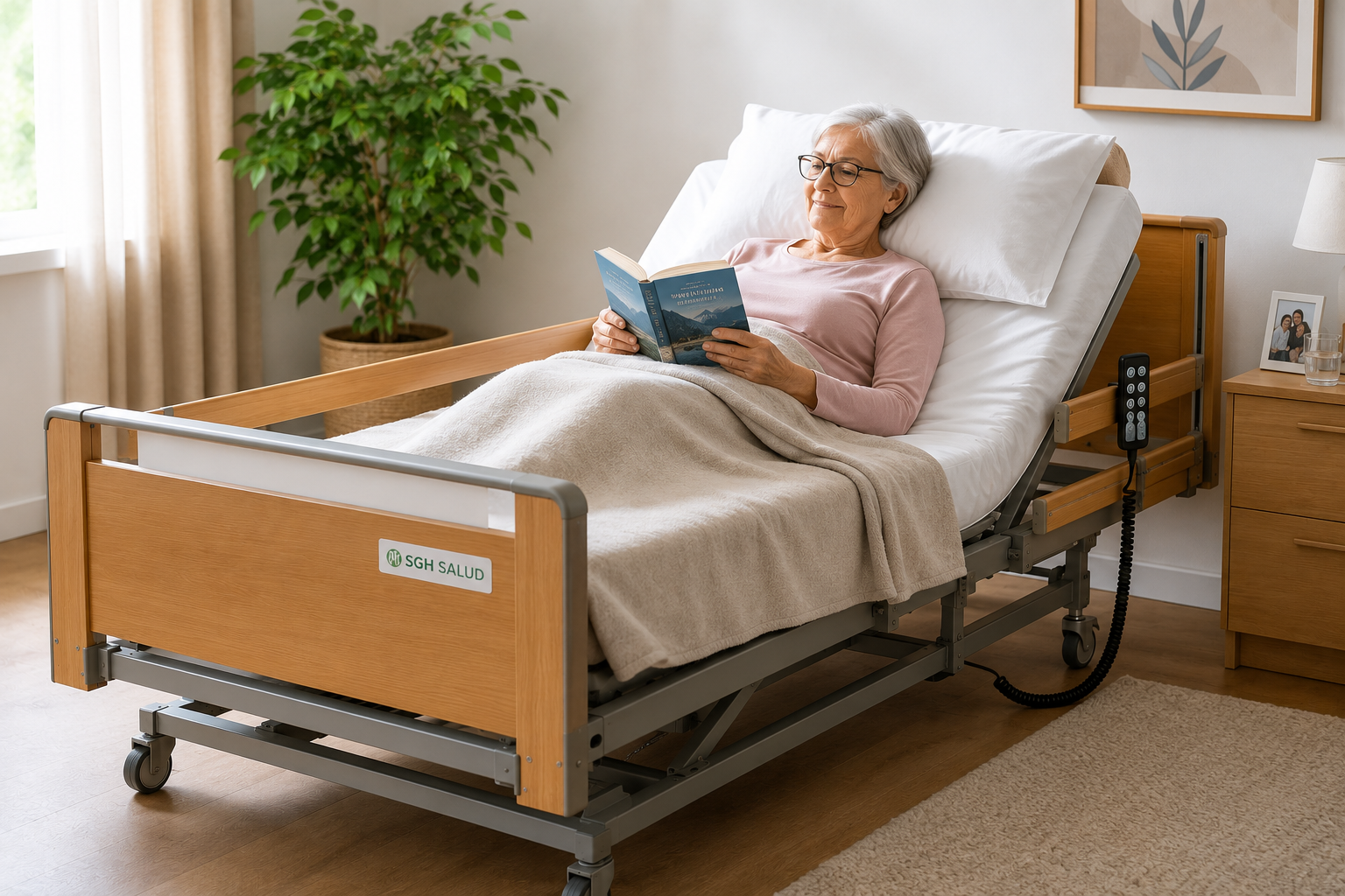 Persona utilizando una cama articulada eléctrica en domicilio.