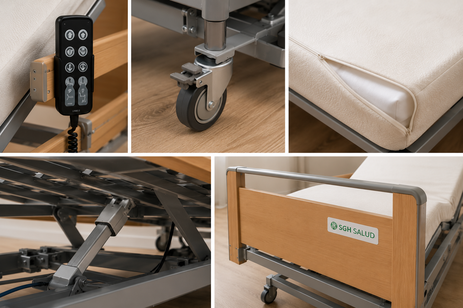 Detalle del mando eléctrico, ruedas y estructura de una cama articulada.